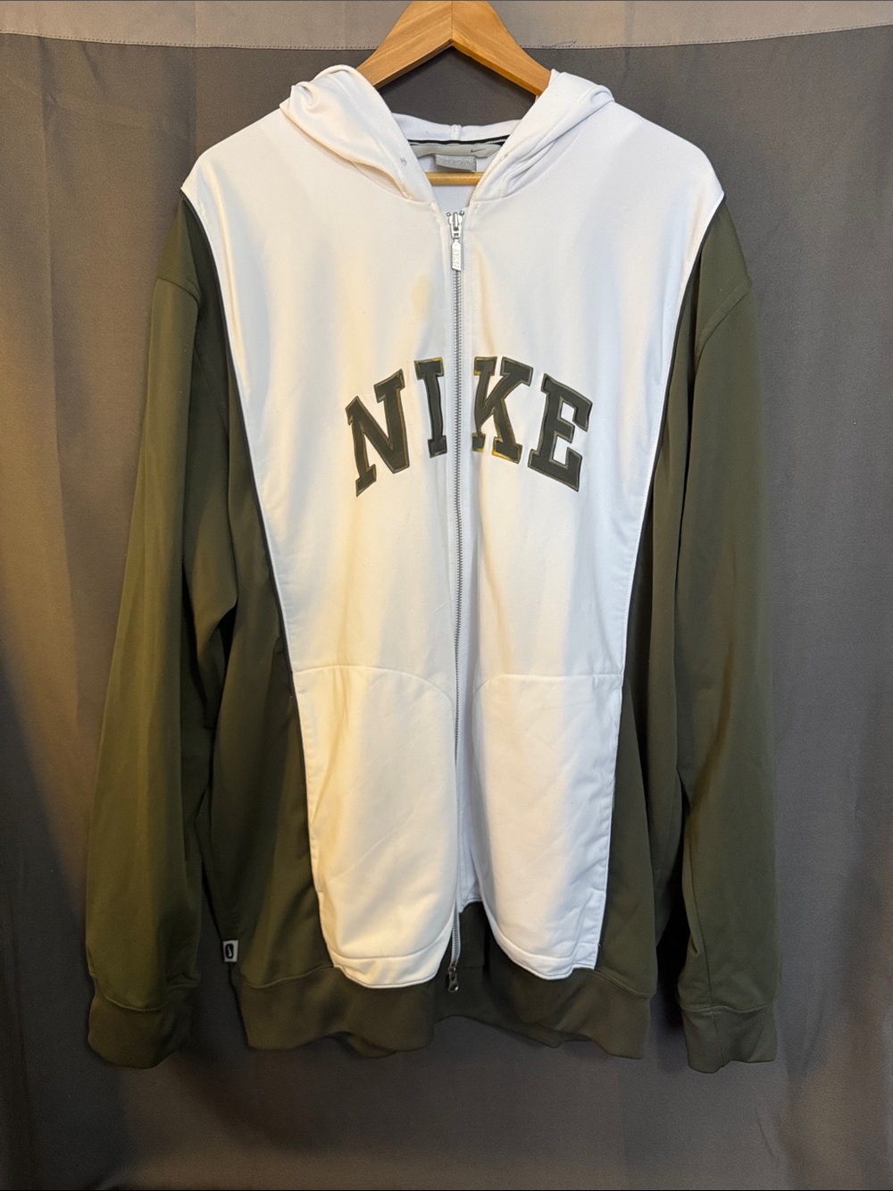 Nike White & Olive Green Full-Zip Hoodie with Logo